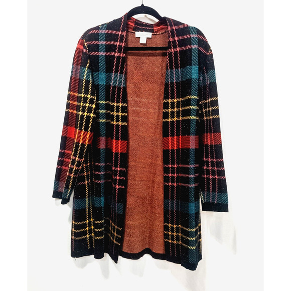 Cj Banks Women's Open-Front Cardigan Sweater Size P / L Long-Sleeved Plaid - Picture 1 of 3